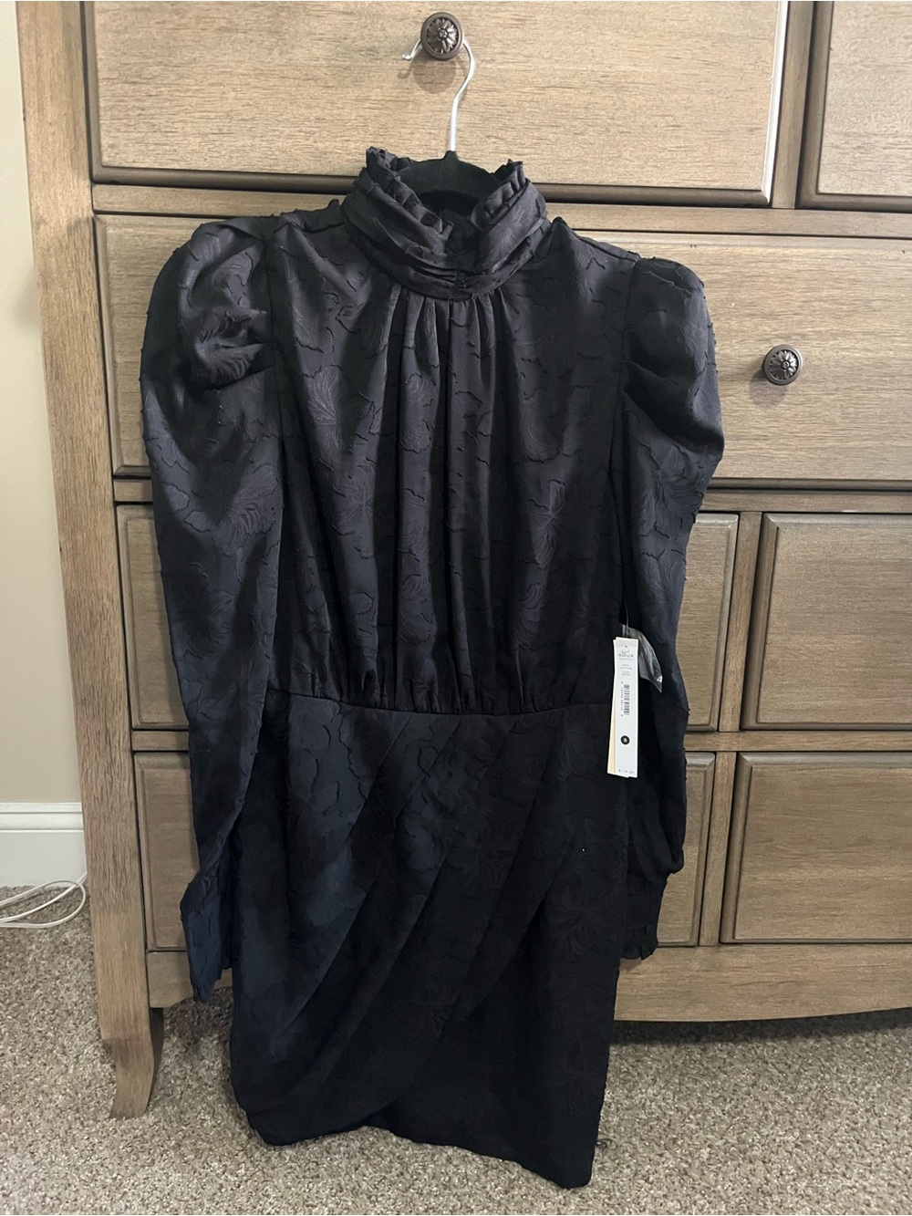 Aqua Black High-Neck Jacquard Long-Sleeve Dress